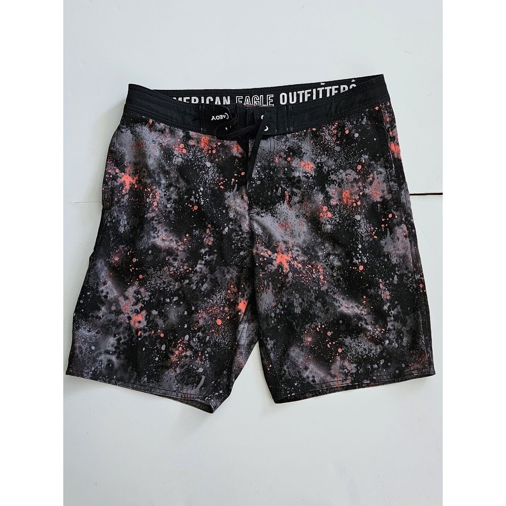 American Eagle Size M (Waist = 36") Men's Boardshorts Black W/Orange Splatter